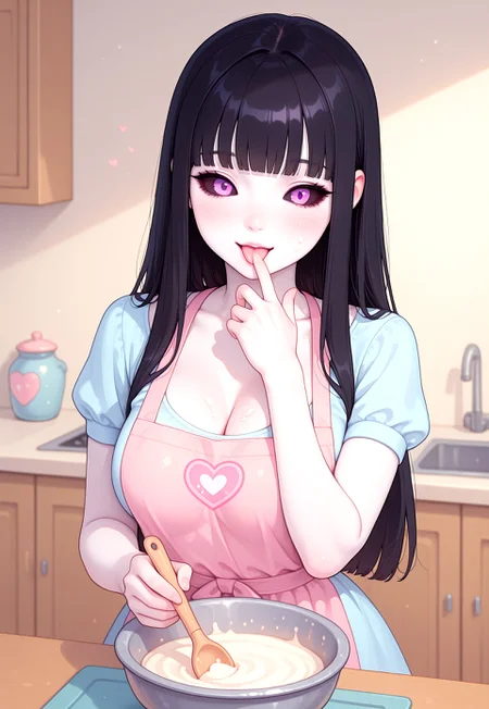 masterpiece, best quality, ultra-detailed, photorealistic, 1girl, young woman,
cute smile, licking finger, playful expression, baking, holding mixing bowl,
long black straight hair, blunt bangs,
pale skin, soft blush on cheeks, sensual lips,
glowing purple eyes, dark eyeliner, subtle dark sclera, narrow eyes,
slim face, small nose, beauty marks,
**ample cleavage:1.7**, **voluptuous breasts:1.6**, **rounded chest:1.5**, smooth skin,
cute pastel apron, light summer dress, short sleeves,
modern kitchen, clean countertops, baking ingredients, soft lighting, warm atmosphere,
kawaii aesthetics, sweet expression, charming pose,
ng_deepnegative_v1_75t, Luna Corvus, k4w4iimr41
