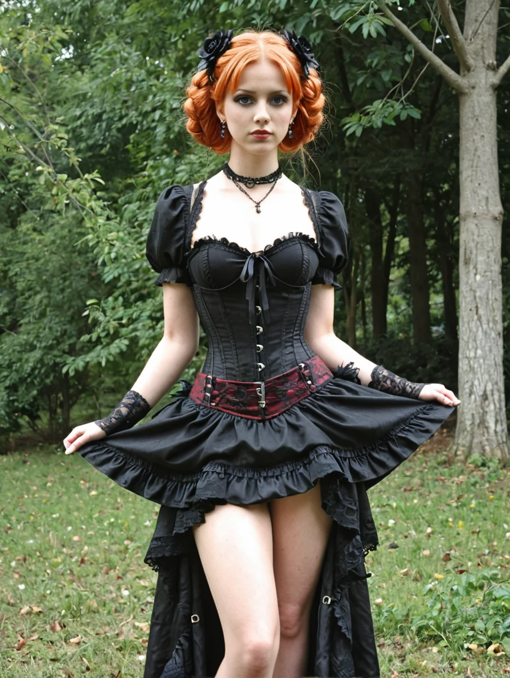score_9, score_8_up, score_7_up, BREAK,
Victorian Gothic Romance, gothic, victorian, 1890 cloth, Gothic Romance 1890s, corset, solo, blue eyes, hair ornament, dress, jewelry, Goth girl, flower, red hair, earrings, hair flower, necklace, orange hair, tree, makeup, feathers, nature, outdoors, Gothic girl, cloth lift, brown stokings, gater belt, standing opened legs, bending, showing her ass