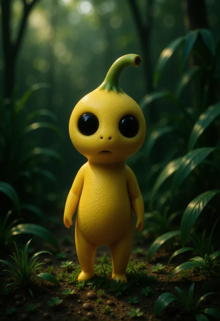 A small Kodama forest spirit stands among tropical foliage, its body smooth and curved like a ripe bananaâbright yellow with subtle ridges and a soft matte texture. Its head is slightly elongated with the same banana-like surface, and large, dark eyes set gently into its face give it a calm, curious expression. A small, curved green leaf sprouts from the top of its head like a delicate crown. The background features lush green leaves and tall grasses, with dappled sunlight filtering through dense jungle canopy, creating a warm, vibrant atmosphere. <lora:Kodama_V1:1>