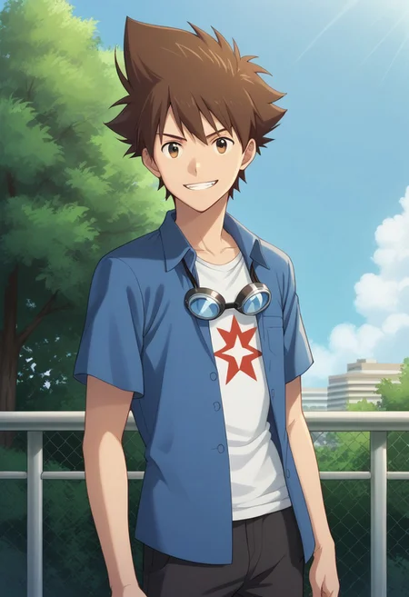 score_9, score_8_up, score_7_up, source_anime, highly detailed,
taikizu, 1boy, brown hair, goggles, male focus, solo, shirt,
open clothes, standing, white shirt, star (symbol), print shirt, blue shirt, short sleeves,
spiked hair, star print, open shirt, looking at viewer, grin,
outdoor, sky, tree