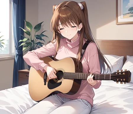 ogiso_setsuna, long hair, brown hair, two side up, closed eyes, pink sweater, turtle neck, white pants, official art BREAK indoors, bedroom, sit on bed BREAK sad smile, acoustic_guitar, playing_guitar BREAK score_9, score_8_up, score_7_up, source_anime ,zPDXL, <lora:Ogiso_Setsuna:0.8> <lora:Acoustic_guitars_for_pony_xl:0.8>