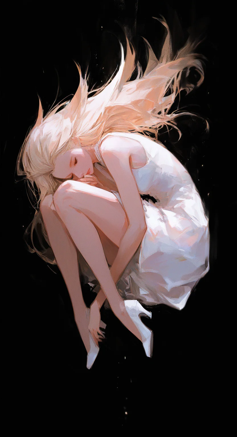 masterpiece, best quality, good quality, very awa, very aesthetic, absurdres, newest, minfilia warde, final fantasy xiv, 1girl, bare arms, bare legs, black background, blonde hair, closed eyes, curled up, dress, fetal position, floating hair, forehead, full body, light particles, lips, long hair, plantar flexion, simple background, sleeveless, sleeveless dress, solo, very long hair, white dress, white footwear, 96yottea, <lora:ponyv6_noobV1_2_adamW-000017:0.7> <lora:USNR_STYLE_XL_lokr:0.45> <lora:96YOTTEA-WAI:0.45>