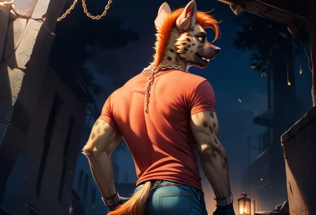 score_9, score_8_up, score_7_up, score_6_up, score_5_up, score_4_up, zPDXL2, kyuyongeom, source_furry, male anthro, hyena, short orange hair, undercut, yellow eyes, chains, band shirt, cargo pants, fingerless gloves, (ultra realistic, 32k, masterpiece:1.2), (high detailed fur:1.1), (high quality:1.1)