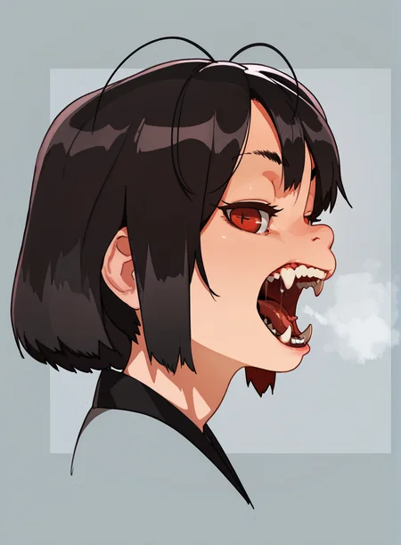 1girl, <lora:Fangs:1> fangs, long fangs, teeth, red eyes, from side, <lora:Naze:0.6> naze, short black hair, heavy breathe, masterpiece, masterpiece, best quality, amazing quality,, high details, very detailed skin, high resolution, <lora:add_detail:1.3>