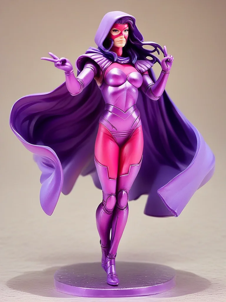score_9, score_8_up, score_7_up, 1girl, v, sexy pose, full body, (dynamic pose:1.1), dynamic angle, simple background,
<lora:BetsyBraddock80s_Character:0.85>BraddockClassic, mask, purple hair, long hair, cape, bodysuit, gloves, armor, hood,, <lora:Anime_Figure_P1:1> figure