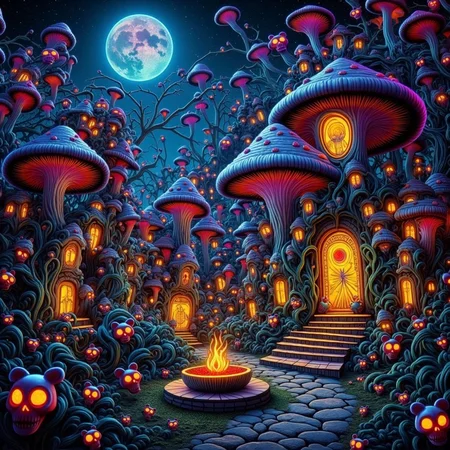 psychedelic style concept art horror-themed Dark Fantasy Art, <lora:Undead Apocalypse v1:1> und34dpsy, a post-apocalyptic commune of hippie zombies living peacefully in giant mushroom houses. Their skin is iridescent and semi-transparent, showing glowing bones. They drink glittery tea and paint each other's faces with cosmic paint. Psychedelic vines sway in sync with the wind, and the clouds morph into animals. One zombie tries to teach a squirrel how to play sitar. The whole scene radiates whimsical undead weirdness., dark, moody, dark fantasy style . eerie, unsettling, dark, spooky, suspenseful, grim, highly detailed . digital artwork, illustrative, painterly, matte painting, highly detailed . vibrant colors, swirling patterns, abstract forms, surreal, trippy