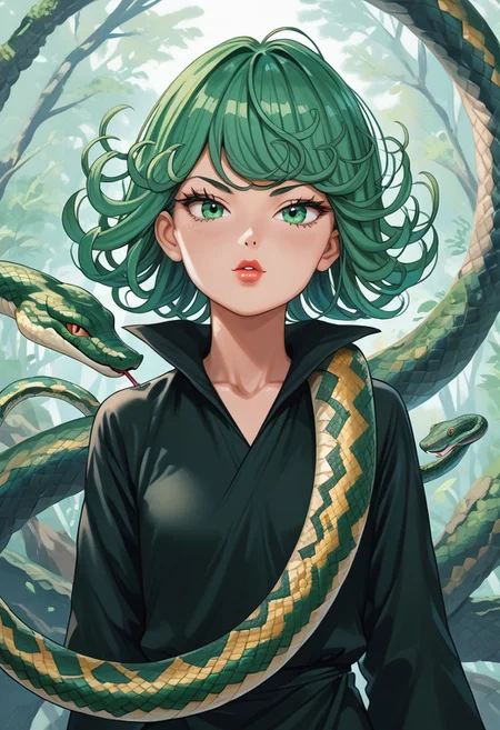 score_9,score_8_up,score_7_up,score_6_up,score_5_up,source_anime,1girl, 1girl, tatsumaki, green eyes, saitama outfit, shortstack, looking at viewer, bald girl, 19yo, lipstick , flirty, snake, snake on shoulders, upper body view,