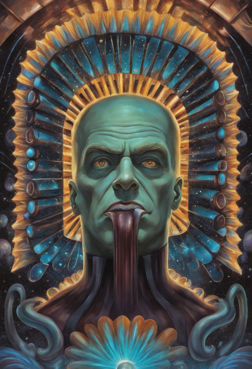 Excellence masterpiece a oil painting of a {retro sci-fi villain, epic space fantasy, caricature facial expressions, monolithic full body pose}, by (Victor Fota:1.25), 4k textures, ultra detailed, (absurdres), trending in artstation