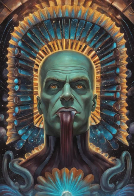 Excellence masterpiece a oil painting of a {retro sci-fi villain, epic space fantasy, caricature facial expressions, monolithic full body pose}, by (Victor Fota:1.25), 4k textures, ultra detailed, (absurdres), trending in artstation
