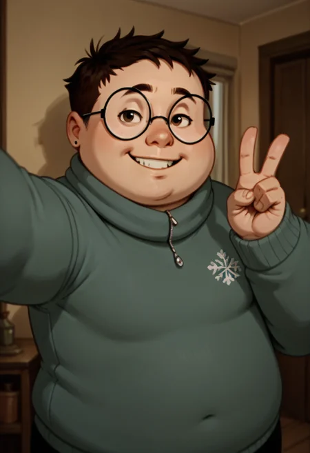 score_9, score_8_up, score_7_up, <lora:Chuck_epoch_10:0.75> hiafchuck, 1boy, glasses, young, fat, chubby, solo, winter clothes, v, selfie, (very short hair),
