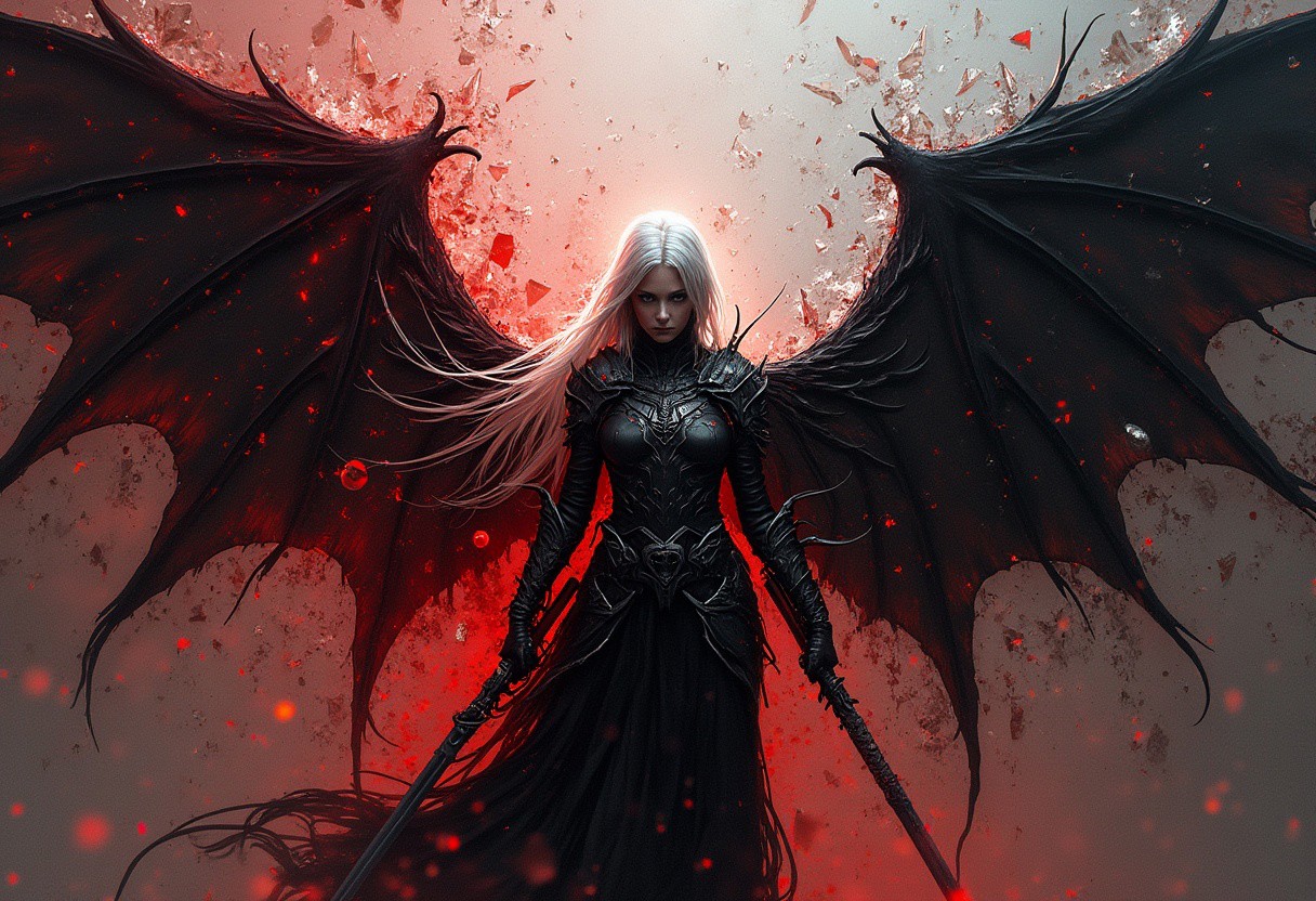 The focus is close up on a female silver haired demon hunter whose armor is partially fractured and shattered like it was glass. The backdrop is a swirling concaphony of crimson and black, separated by streaks of pure white. The backdrop is centered behind the subject. The colors are separated by metallic fractures, creating a glowing mosaic effect. The colors of the backdrop are most intense near the center. The backdrop is partially shattered like glass. The subject itself is a stark and gloomy silhouette, contrasting beautifully against the vibrant, light-filled fragments surrounding it. The hunter has black angelic wings attached at the hip, but they are not the focus. Emphasis is placed on the hunter and the backdrop. The hunter is armed and about to fight.