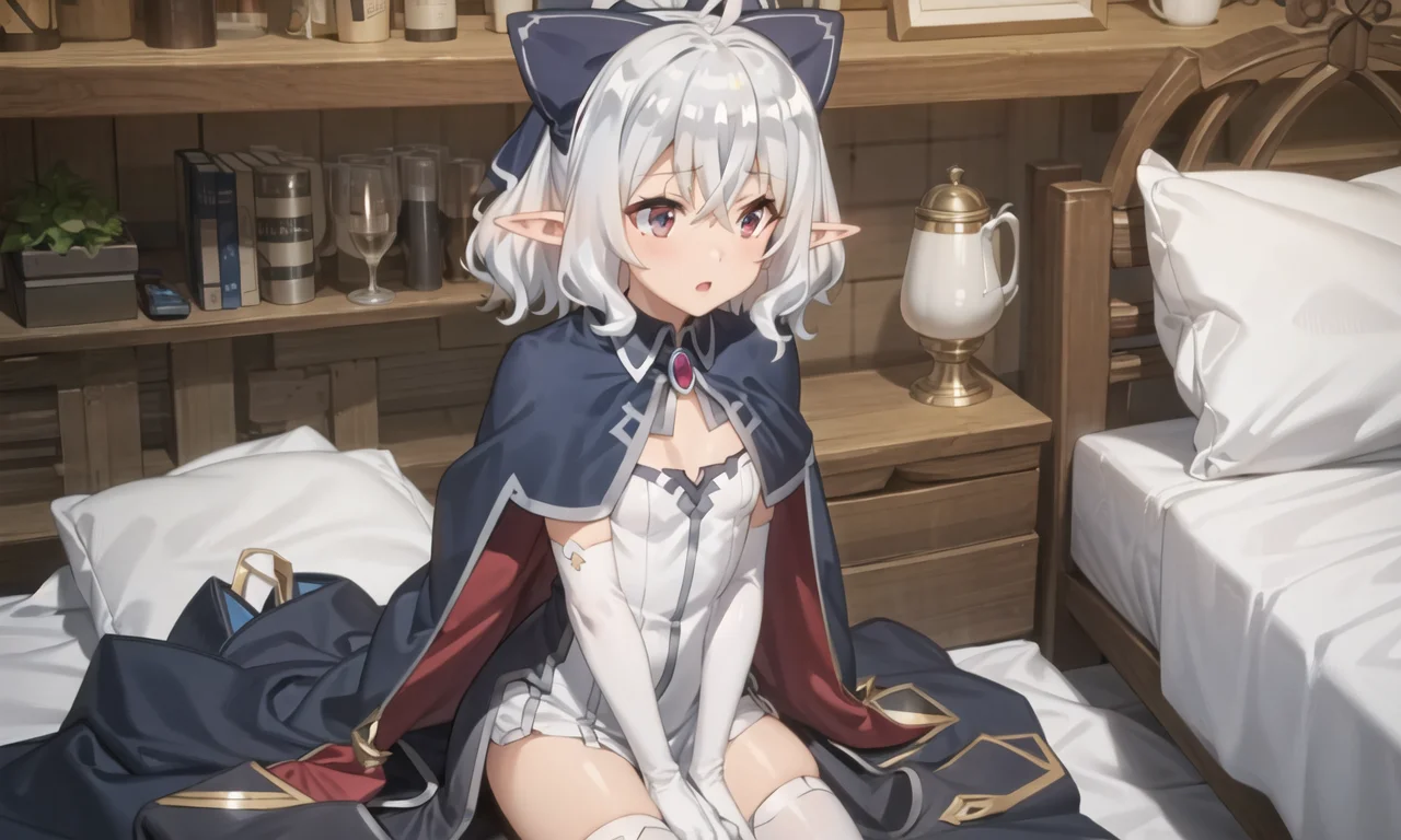 masterpiece, best quality, 1 girl, small breasts, bed, <lora:floraIsekaiNonbiri_v10:0.8>, flora, elbow gloves, pointy ears, short hair, grey eyes, ahoge, brooch, hair between eyes, grey hair, blue thighhighs, cape, bangs, white dress, hair bow, elf, capelet, jewelry, skirt,