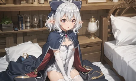 masterpiece, best quality, 1 girl, small breasts, bed, <lora:floraIsekaiNonbiri_v10:0.8>, flora, elbow gloves, pointy ears, short hair, grey eyes, ahoge, brooch, hair between eyes, grey hair, blue thighhighs, cape, bangs, white dress, hair bow, elf, capelet, jewelry, skirt,