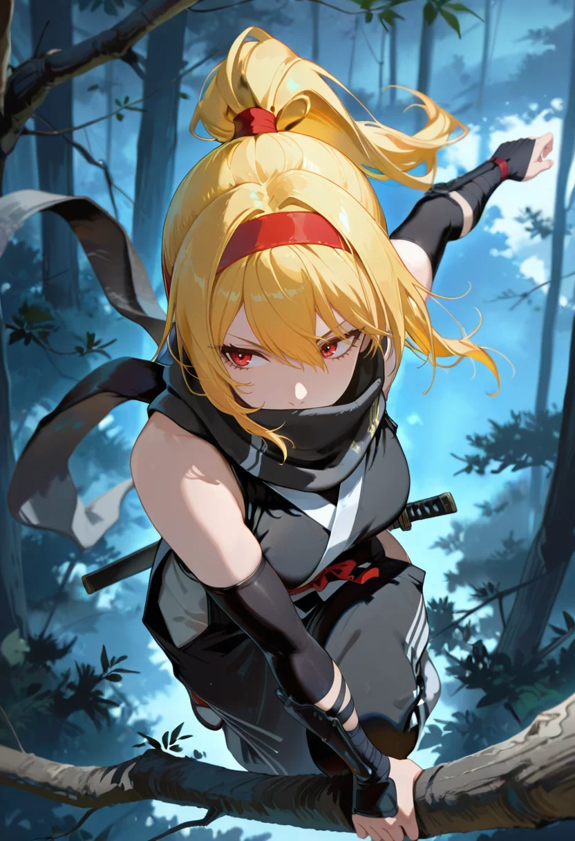 1girl, solo, anime coloring, anime artwork, unholy-aesthetic, masterpiece, best quality, newest, absurdres, highres, safe, CG, cinematic lighting, natural shadow, highest detail, detailed background, intricate scenery, depth of field, insane details, intricate, subsurface scattering, very aesthetic, serene atmosphere, artistic rendering, dramatic contrast, luminous elements, soft painterly texture, striking visual design, finely detailed face, beautiful face, <lora:kaelaIL:0.55> kaelaIL, medium hair, red eyes, (yellow hair:1.5), high ponytail, red hairband, full body,
dynamic angle, cinematic angle, night, lustrous skin, from above,
<lora:NinjaIL:1> wearing Jednna, ninja outfit, arm wraps, (scarf, black scarf, covered mouth:1.2), black ninja outfit,
forest, tree, tree branch, jump, jumping, on branch,
<lora:TER_ILL_V1:0.75>