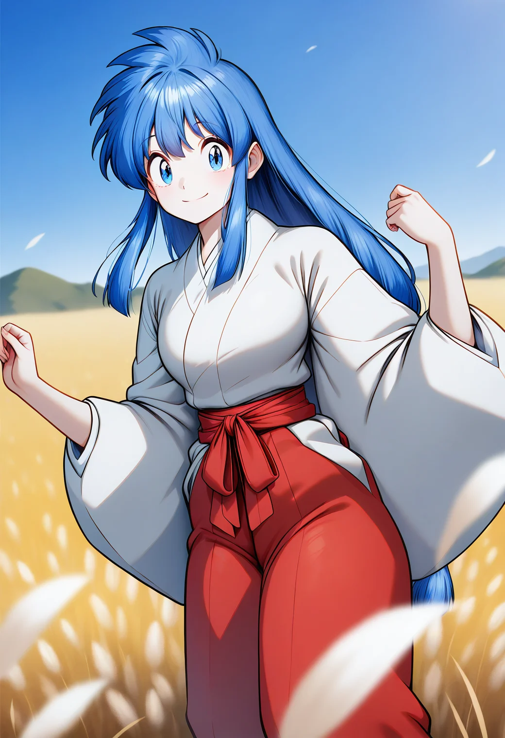 smile, cowboy shot,
okinu-chan, blue eyes, blue hair, sidelocks, long hair, japanese clothes, long sleeves, red hakama, <lora:gs_okinu-chan_illustrious_ver1:0.8>, masterpiece, best quality, general,, 1girl, solo, (field:1.2), (blue sky:1.2), looking at viewer,