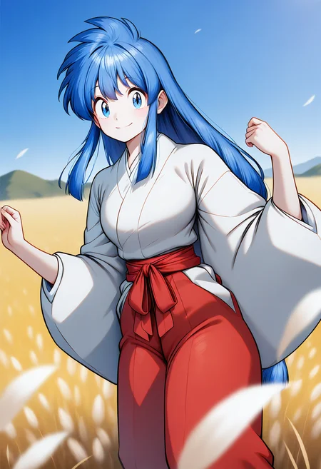 smile, cowboy shot,
okinu-chan, blue eyes, blue hair, sidelocks, long hair, japanese clothes, long sleeves, red hakama, <lora:gs_okinu-chan_illustrious_ver1:0.8>, masterpiece, best quality, general,, 1girl, solo, (field:1.2), (blue sky:1.2), looking at viewer,