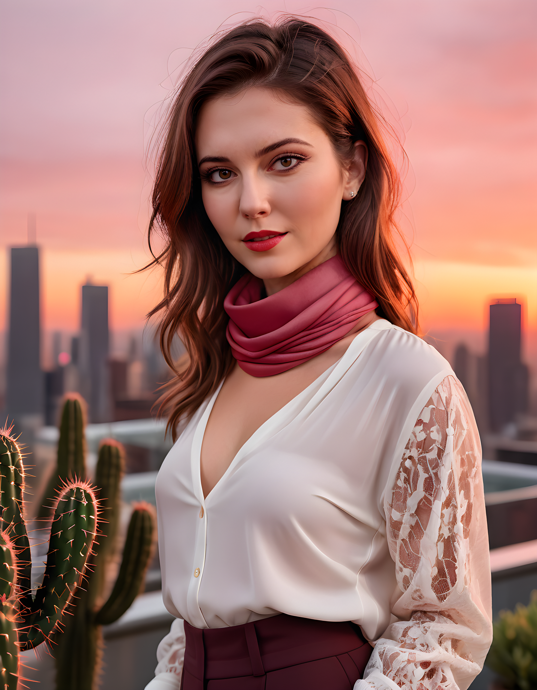 M4RY3W, In a bustling urban rooftop garden bathed in the warm golden hues of sunset, Mary3w, with her chestnut-brown hair cascading down her shoulders and deep brown eyes piercing with an enigmatic gaze, stands center-stage. Her outfit is a vibrant mix of classic elegance and modern edge: a crisp white blouse adorned with intricate lace detailing, paired with high-waisted black trousers that taper to a sharp point. A red scarf, the color of freshly spilled wine, is artfully draped around her neck, adding a pop of contrast against her fair complexion. Her lips are parted slightly, revealing a perfect set of white teeth that glimmer in the fading light as she looks directly at the viewer with an expression that hints at both vulnerability and strength. The background is a breathtaking panorama of the city skyline, its tall buildings silhouetted against the fiery orange and pink hues of the sunset. A single potted cactus, a symbol of resilience, stands nearby, echoing Mary3w's own inner strength.