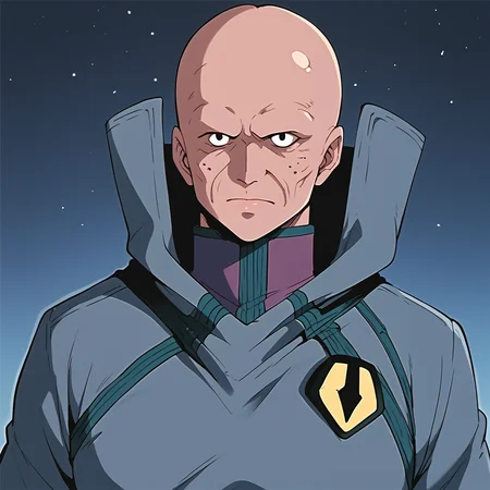score_9, score_8_up, score_7_up, best quality, masterpiece, source_anime, zPDXL3, BREAK bald, boddolezar, old man, 1boy, solo,<lora:BoddleZer_Macross_ponyXL:1>