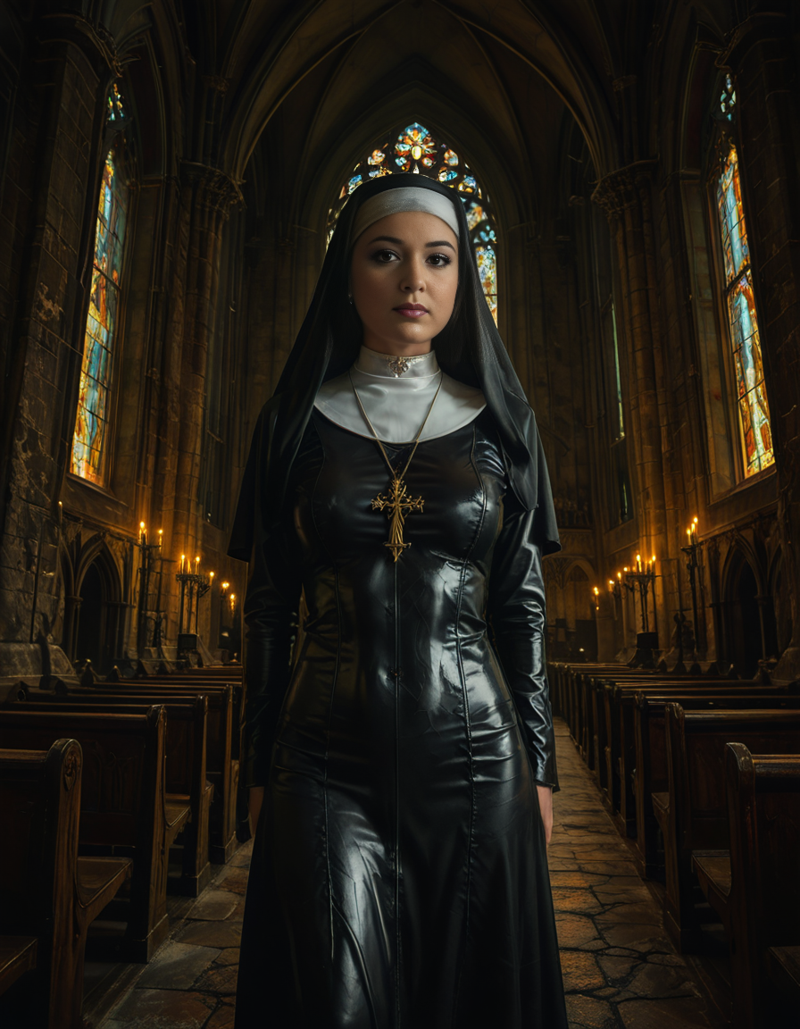 nsfw,focus on a nun,A gothic scene featuring a mysterious woman dressed as a nun in a flowing black latex habit with intricate lace detailing and choker and a red bra, standing solemnly inside of a G0th1c church. The atmosphere is charged with tension as an otherworldly presence seems to loom over the scene, casting eerie red and black shadows on the ancient stone. Other nuns in the background appear uneasy, their movements slow and dreamlike, as if they are being influenced by an unseen dark force. The cathedral's gothic architecture towers above with sharp spires, grotesque gargoyles, and a glowing stained-glass window radiating an unnatural crimson light.<lora:SDXLFaeTastic2400:0.4> <lora:extremely_detailed:0.4> extremely detailed, <lora:G0th1c_church:1>, Masterpiece,best quality,hi res,8k,hi res,8k,award winning,(sharp focus, intricate, highly detailed),