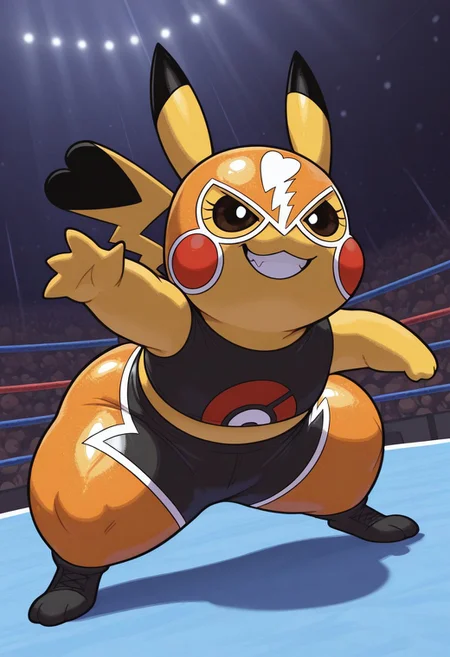 , EXTREME CLOSEUP, beautiful shadows,cartoony style,high res, extremely detailed, beautiful lighting,
solo,1girl, pikachu_libre, Shortstack, Feral,wrestle ring, audience, dynamic angle, fearless, brave, grin, low angle, low shot