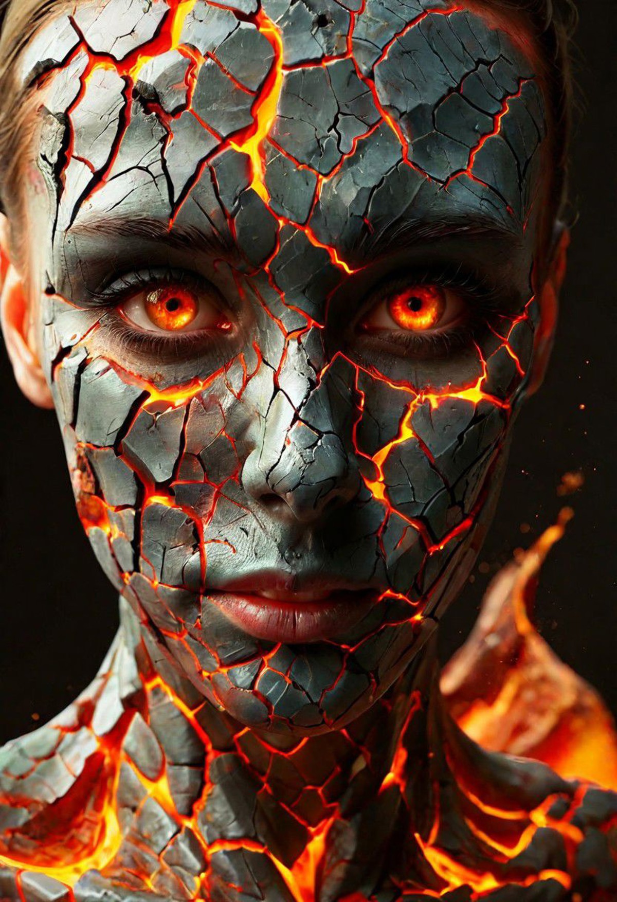 a close up of a person's face on a cracked surface, inspired by Alberto Seveso, featured on zbrush central, portrait of an android, fractal human silhouette, realistic 3 d render, subject made of cracked skin, woman, made of lava
