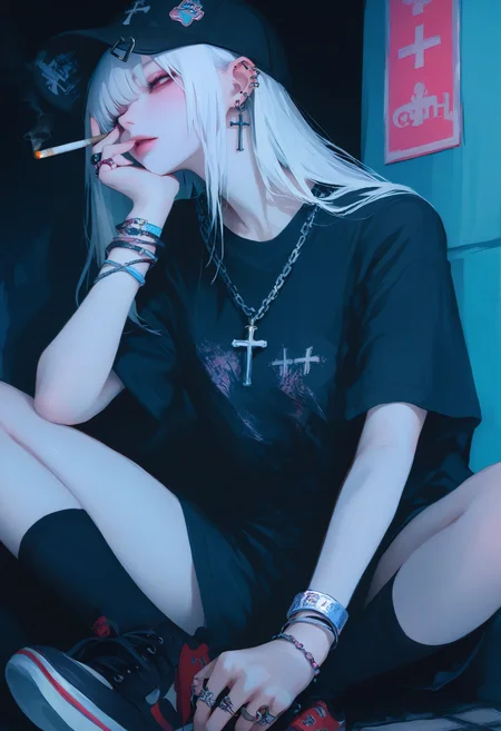 masterpiece, best quality, good quality, 748cm,
1girl, solo, long hair, shirt, hat, jewelry, sitting, white hair, earrings, shorts, shoes, socks, black footwear, necklace, bracelet, black shirt, black headwear, piercing, ring, black socks, cross, ear piercing, sneakers, baseball cap, cigarette, smoking, cross necklace, chain necklace
<lora:ai_styles_collection_rouwei_vpred-rc3_v3.1:1>