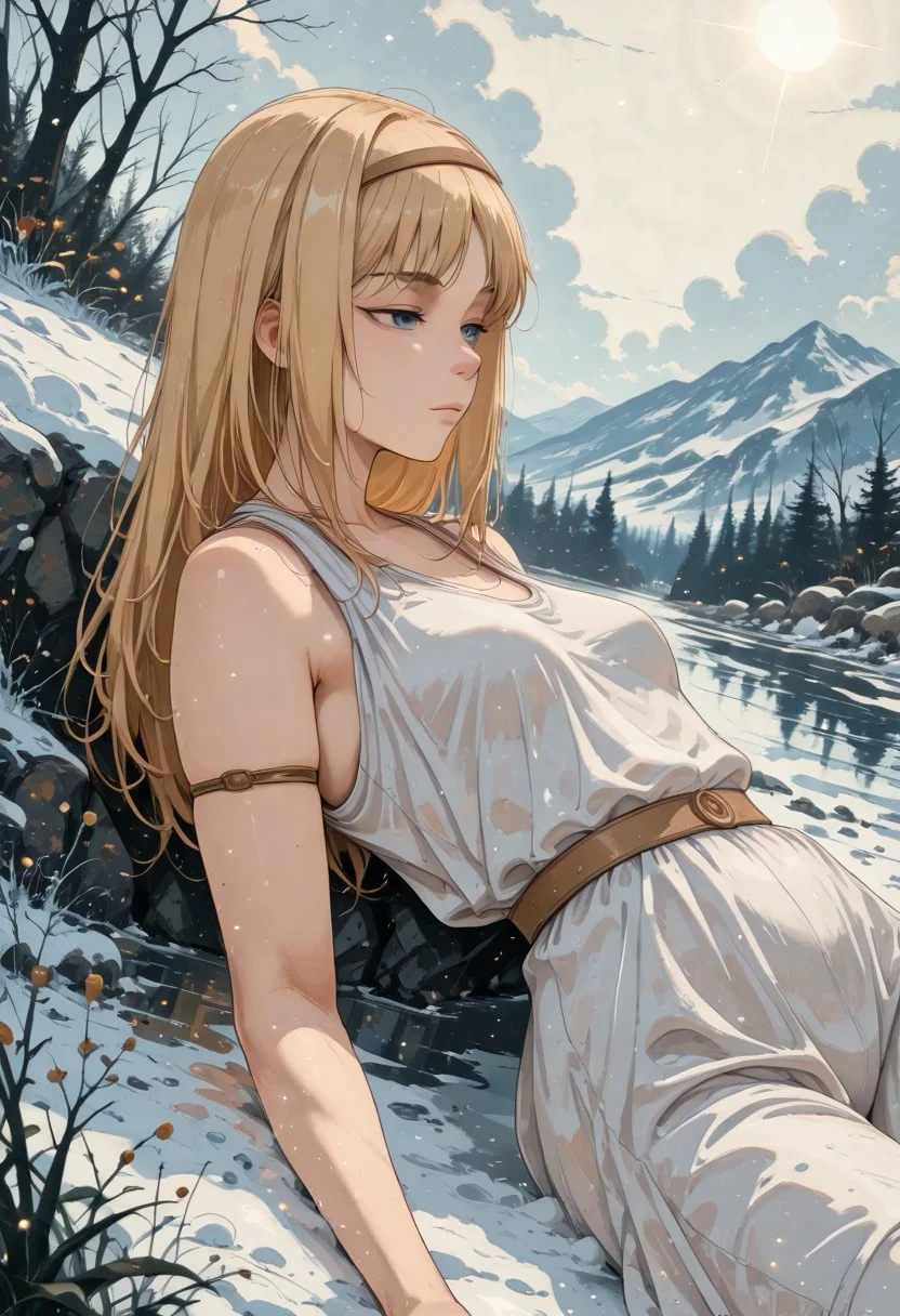 score_9, score_8_up, score_7_up,source_anime, high res image, masterpiece, best quality, masterpiece, newest, absurdres, best quality, hires,
BREAK 1girl, solo, ymirfritz , blonde hair, bangs,blue eyes,mature female,brown hairband, expressionless, small breasts
white dress,sleevless,armlet
dynamic pose, lying on her back, head to side
outdoors, frozen lake, on ice, reflecting ice, snowflakesday, cloudy
cinematic angle, detailed background, beautiful background, (rays light:1.0),(grow:1.0), light particles