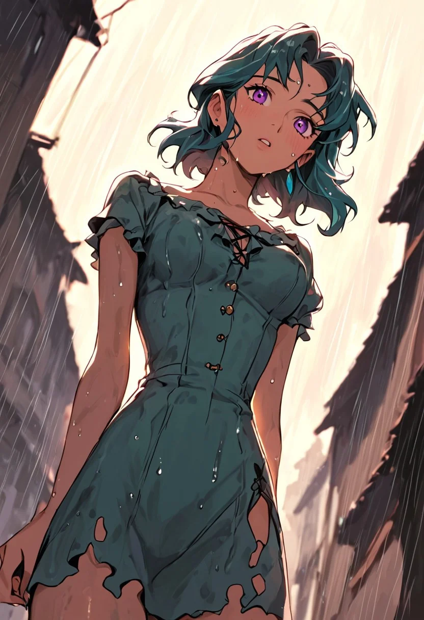 masterpiece,best quality, highly detailed, score_9, score_8_up, score_7_up, score_6_up, source_anime,
BREAK
1girl, wavy teal hair, mid-length, purple eyes, medium breasts, swollen, tattered peasant dress, soaked, dripping wet, gasping loud, looking up, from below, rainy village, muddy ground, hair clinging, raw beauty
BREAK
dynamic light, warm_light, warm_colors, high contrast, depth of field, golden hour lighting, dramatic shadows, rich details,