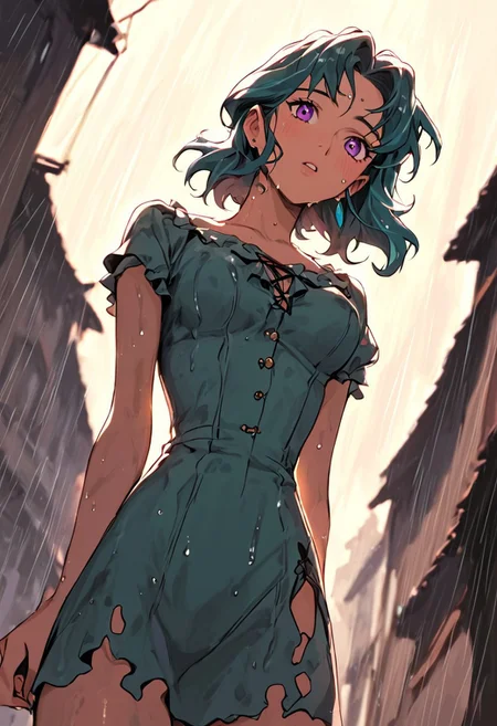 masterpiece,best quality, highly detailed, score_9, score_8_up, score_7_up, score_6_up, source_anime,
 BREAK
1girl, wavy teal hair, mid-length, purple eyes, medium breasts, swollen, tattered peasant dress, soaked, dripping wet, gasping loud, looking up, from below, rainy village, muddy ground, hair clinging, raw beauty
 BREAK
dynamic light, warm_light, warm_colors, high contrast, depth of field, golden hour lighting, dramatic shadows, rich details,