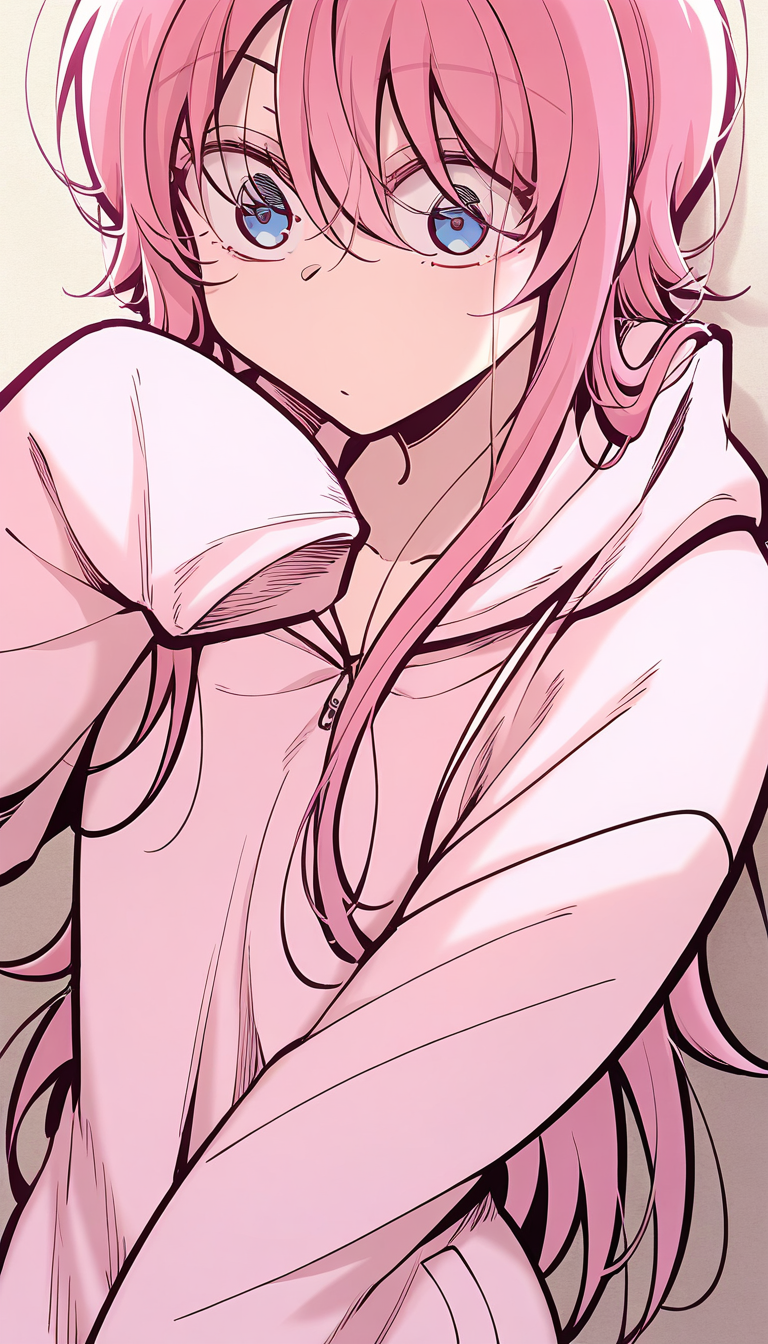 <lora:yushanshan:1>,yushanshan,1girl,long hair,pink hair,hair between eyes,blue eyes,pink hoodie, sleeves past wrists, long sleeves,, masterpiece,best quality,amazing quality,anime screenshot,
