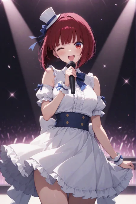 masterpiece best quality, absurdres very aesthetic, general, depth of field,intricate details, thin main lined,
((a girls singing on the last stage)), (arima kana:1.1), (oshi no ko:1.2), high-teens cute girls, ;D,
(singing on the big stage in background),left hand holding a microphone, (b-komachi \(new\) idol costume),concert venue filled with (all white)_glow sticks in background,
from front view,medium full shot,cinematic angle and shot, <lora:aesthetic_anime_v1s:0.6>