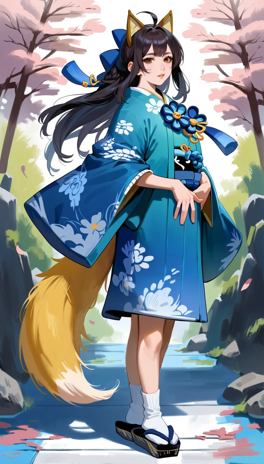 score_9,score_8_up,score_7_up,<lora:xinxianying>,xinxianying,
1girl,solo,long black hair,bangs,ahoge,fox ear headwear,blue hair bow,brown eyes,looking at viewer,special costume,special costume shoes,white socks,full body,