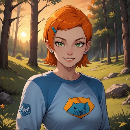 score_9, score_8, BREAK, solo, 1girl, pale skin, green eyes, short orange hair, hair clip, sapphire earrings, blue raglan shirt with a cat logo, white capri pants, sexy pose, self portrait, smile, outdoors, sunlight, shadows, evening lighting, natural lighting, forest, trees, grass, orange sky, sunset
