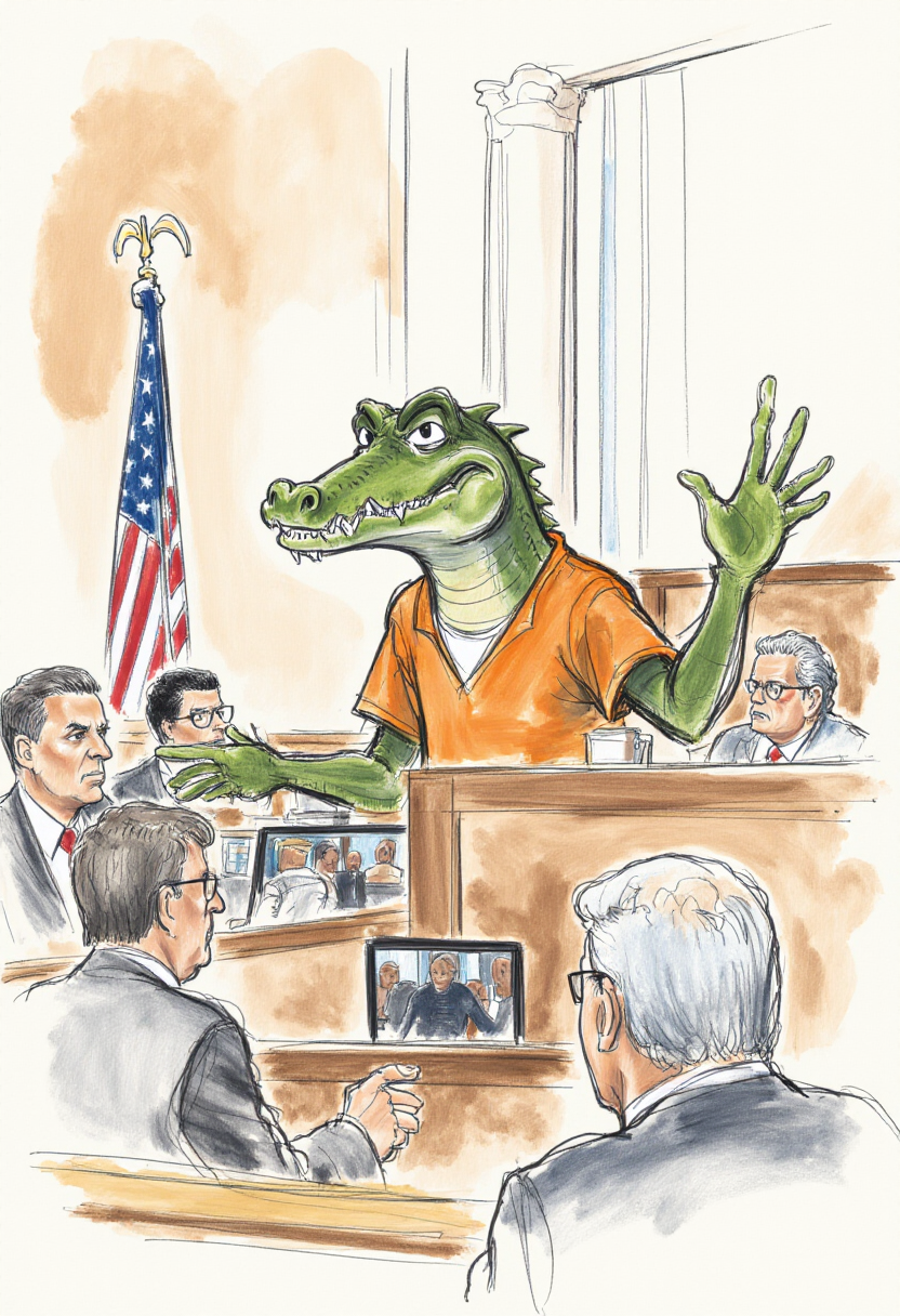 <lora:Courtroom_Sketch_Style_FLUX-000013:0.9>
This is a detailed, hand-drawn courtroom scene in a sketchy, watercolor style depicting a crocodile in an orange prison jumpsuit being sentenced to jail.