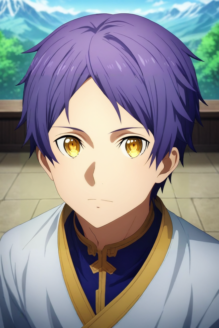 score_9, score_8_up, score_7_up, source_anime, rating_safe, , semi-realistic, looking at viewer, depth of field, 1boy, male focus, yellow eyes, purple hair,, solo, symmetry, mountaintop city, indoors, light, leaning forward, heart eyes, <lora:sao_alicization_style_pony:0.94>, sao_alicization_style, <lora:sdxl_lightning_8step_lora:1>