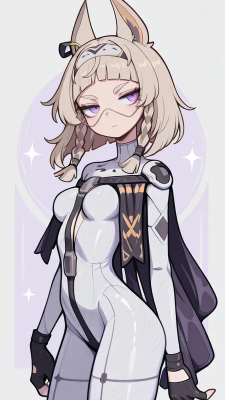 ,masterpiece,best quality,newest, <lora:Meredith_IL_Strinova:0.9> meredithil, anime, skinny, 1girl, solo, bangs, braid, purple eyes, animal ears, fingerless gloves, black gloves, bodysuit, breasts, <lora:Cartoony_Illustrious_Style:1.0> cartoonyillustrious, style