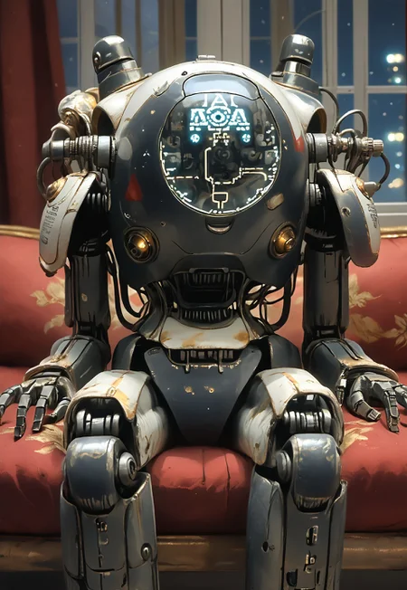 score_9, score_8_up, score_7_up, (best quality), (ultra-detailed), (droid), ((a humanoid robot, smooth featureless face, robot joints, body made of metals, body panelling)), ((body made of shiny wet black metal)), ((black metal skin)) (entirely black skin), print dress, red trim, lace trim, beautiful gothic bedroom, four post bed with canopy, window, night time, close up, sitting on couch, navel, legs spread, fine fabric emphasis,
mechanical parts, reelmech, (full-body view ), realistic, joints, mecha, glowing power aura,