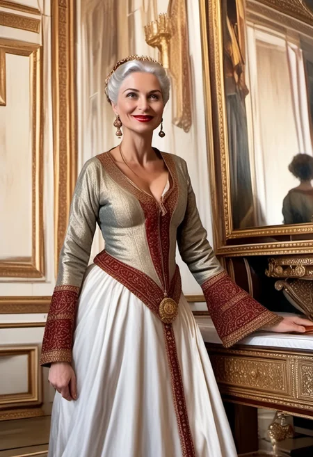 breasts shot,( life-like skin texture:1.5), realistic skin, (18th century:1.5), Europe, (victorian times), beautiful and mature, Tall, Strong, perfect face, Experienced middle-aged Empress, tradition ethnic Black royal clothes, covered hair, expensive fabric, photorealistic, realistic, extreme realism, (masterpiece, photorealistic), dappled sunlight, studio lighting, imperfections skin, probes, (photorealistic:1.6), <lora:add_detail:0.8>, medieval queen, royal banquets, female guards, include masques (a form of courtly entertainment with dancing, acting, and elaborate costumes), feasts, and balls. Gowns and Kirtles: Women wore long, flowing gowns made of luxurious silk, dressed sexy and attractive, (Empire waists:1.5), (white hair:1.5),( red lips:1.5),( subtle evil smile:1.5), white teeth
2girls,
(50 years old:1.5), 
1boy,
slave boy,
milfs,
moms,
(busty:1.3), 
(Horny:1.3), 
orgasm face, 
grannies, 
married, 
cheating, 
Mistress, 
French Queen medieval,
Empress, 
(determined look:1.5), 
(brave:1.5),
dominant presence, 
orgasm face, 
shocked, 
traditional 1650 royal outfit,
Powerful women, 
long legs, 
exposed legs, 
sexy legs, 
bustle dress, 1woman, loose pants, harem_pants, see-through, silk, tight-fitting shirt, impossible shirt, large breasts, long hair, loose_scarf, head_scarf, jewelry, , giga_busty