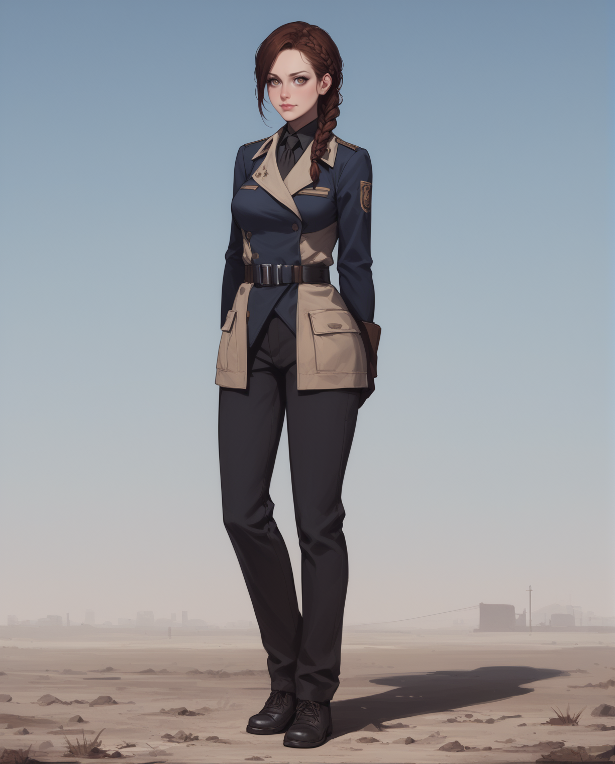 score_9, score_8_up, score_7_up, source_anime BREAK (1girl),single braid hair, brown hair, full body, detailed eyes, enclaveuni,wearing uniform, pants, <lora:Fallout_-_Enclave_Officer_Uniform:0.7>  , wasteland