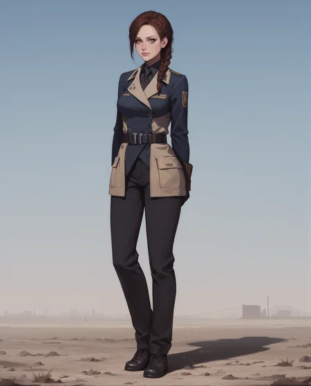 score_9, score_8_up, score_7_up, source_anime BREAK (1girl),single braid hair, brown hair, full body, detailed eyes, enclaveuni,wearing uniform, pants, <lora:Fallout_-_Enclave_Officer_Uniform:0.7> , wasteland