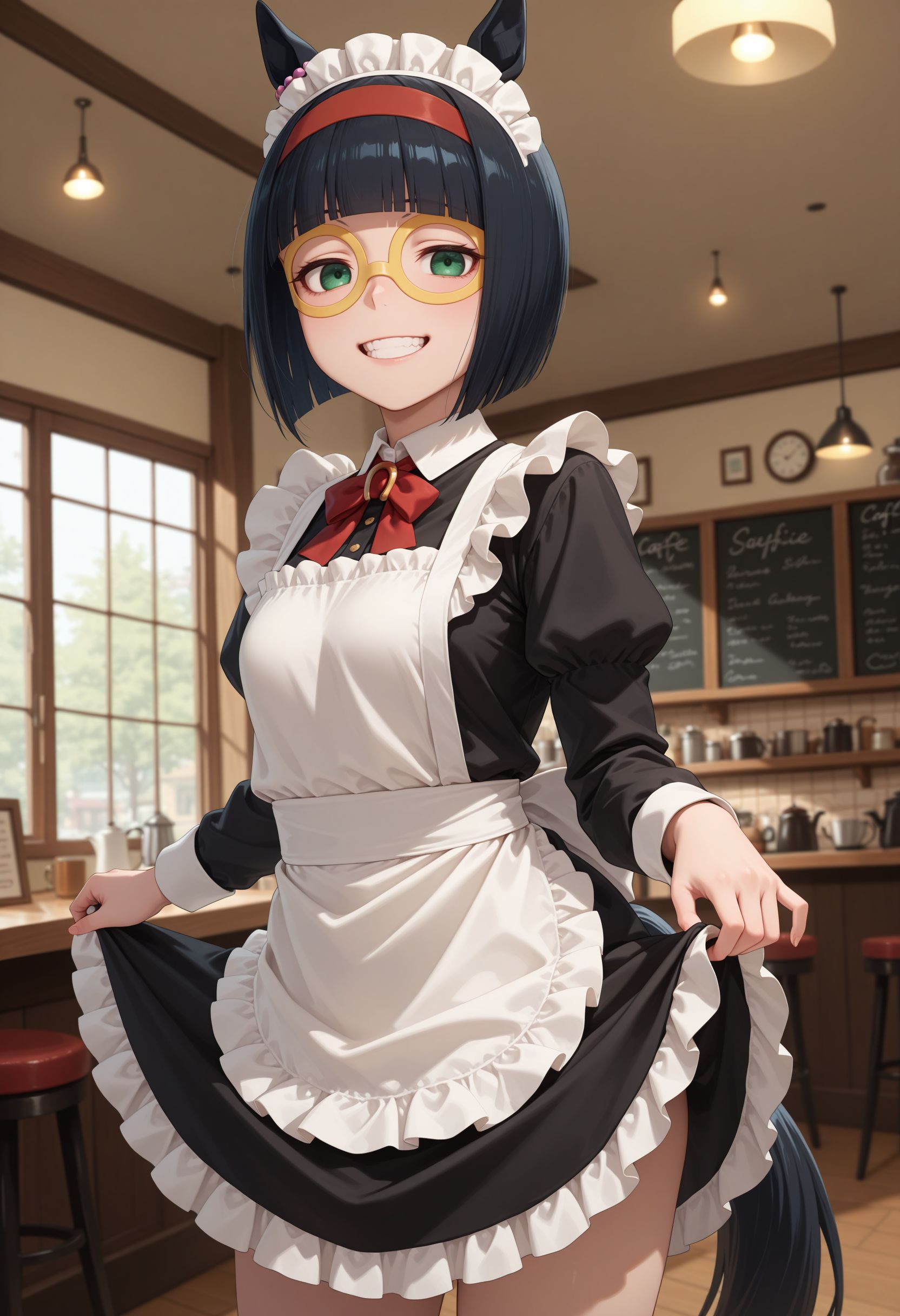 masterpiece, best quality, amazing quality, very awa,absurdres,newest,very aesthetic, looking at viewer,
<lora:Mini the Lady noob:1>,
1girl, short hair, bob cut, blunt bangs, black hair, red hairband, animal ears, horse girl, horse tail, green eyes, teeth, ear ornament, yellow glasses, smile, indoors,cafe,(maid:1.4),maid headdress,apron,(skirt hold:1.2),standing,cowboy shot,smile,, maid headdress, apron