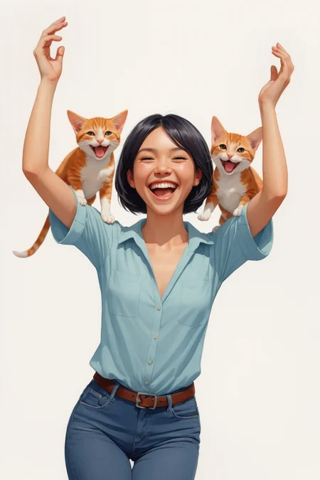 fanciful, exalted, eerie, glorious,(by Sam Spratt and Emiliano Ponzi:1.20), (by Natalia Rak and Audrey Kawasaki and Nathan Wirth:0.80),English,  short_haired ,  cute happy woman holding up two cute pet while laughing maniacally, dual wielding pet <lora:happy:0.25> <lora:maniacal_laughter:1.75> <lora:dual_pistols:0.35>  , <lora:watercolor_v1_sdxl:0.90>