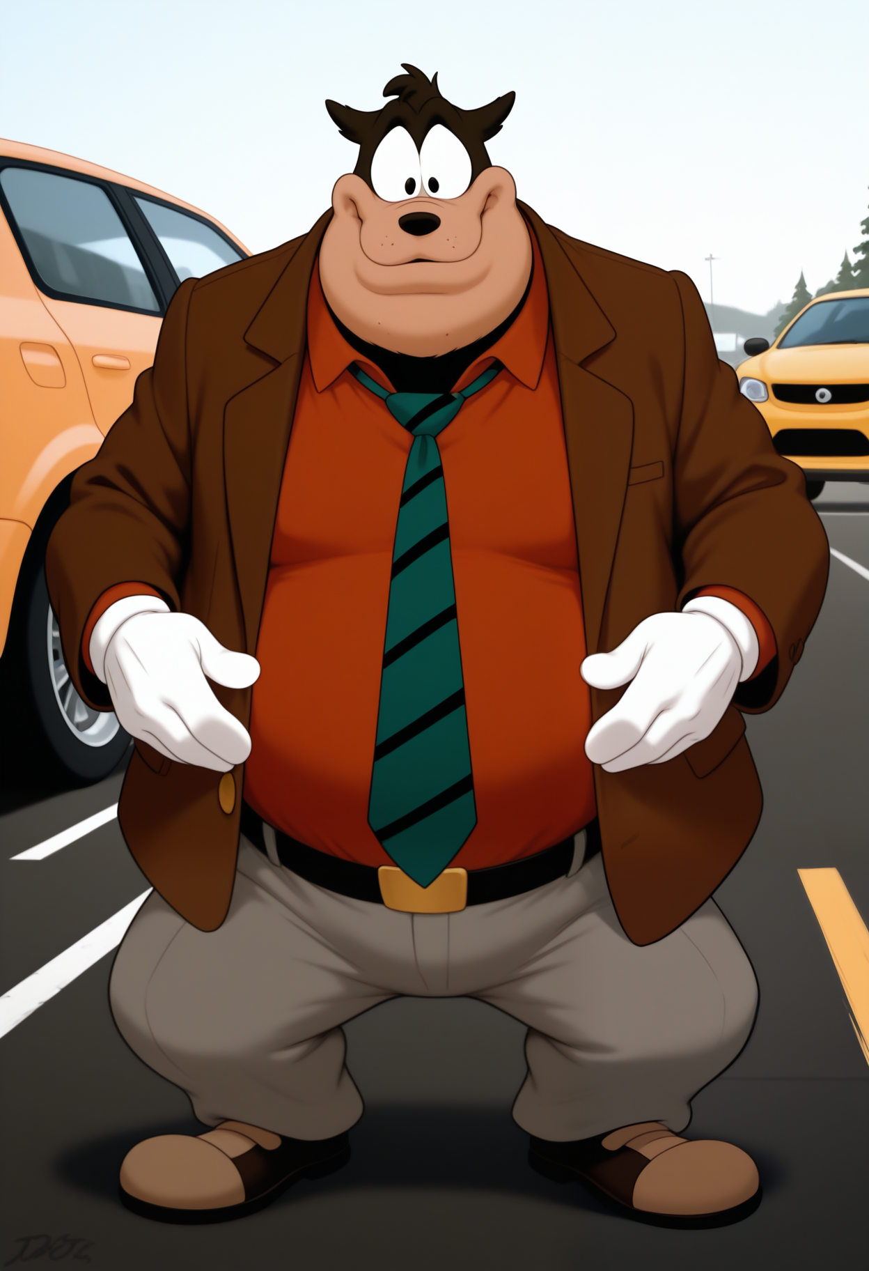 masterpiece,best quality,amazing quality, 1boy, solo, p3t3, white gloves, furry male, shoes, brown jacket, grey pants, tie, red collared shirt, black belt, outside, cars, parking lot, greeting,