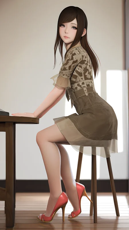 amazing quality,absurdres,best quality,masterpiece,highres,newest,detailed,detailed body,detailed face,masterpiece,best quality,solo,3d,realistic,
poorsakura,1girl,solo,long hair,dress,brown hair,high high heels,<lora:poorsakura:0.9>,indoors,sitting,looking at viewer,