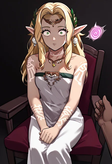 Sonia hypnotized,
score_9, source anime, lewd, 1girl, smooth,
mind control, hypnotized, constricted pupils, wide eyes, expressionless, slack jaw,
sitting, chair, one pov hand, ((pov snapping fingers)), (female hands on armrests),
Sonia_TOTK, (Dark-skinned female), long blonde hair, tattoo, bare shoulders, pointy ears,green eyes, white dress, jewelry,