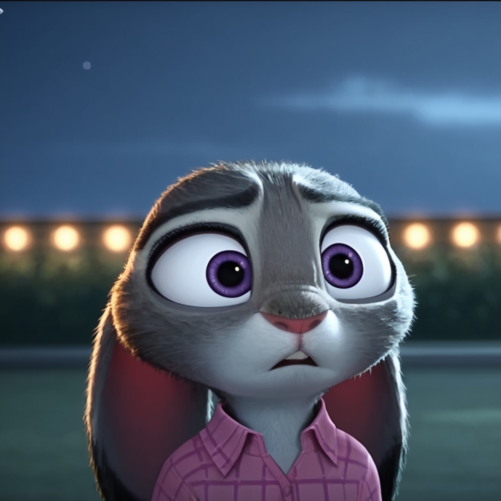 judyhopps confused, dark, night, backlighting, solo, pink shirt, jeans, arms at sides, front view, portrait <lora:judyhopps-v1-ponyv6xl:1>