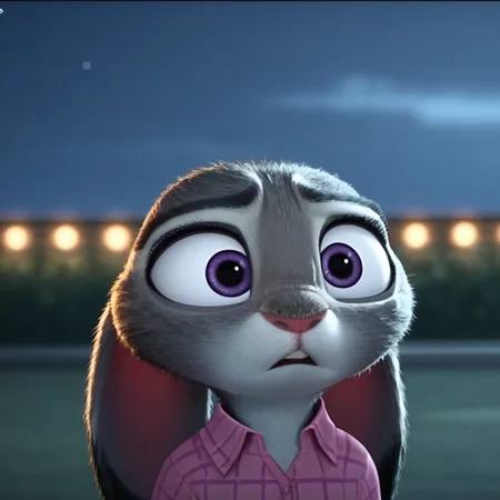 judyhopps confused, dark, night, backlighting, solo, pink shirt, jeans, arms at sides, front view, portrait <lora:judyhopps-v1-ponyv6xl:1>