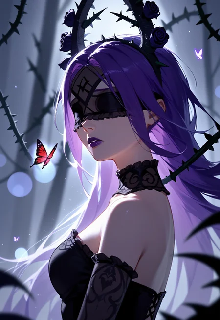 score_9,score_8_up,score_7_up,source_anime,year 2023,1girl,solo,red black and purple theme,strong picture,dark,upper body,side_face,sad,parted_lips,looking back,floating purple hair,black dress,bare shoulders,{{{delicate and beautiful eye}}},gothic,black rose,thistles and thorns,flora,fog,red butterfly,underlighting,bokeh,blurry background,strong visual impact,film lighting,from side,SyndraWR, 1girl, solo, black halo, purple long hair, blindfold, purple lips,