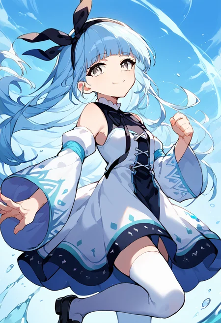 score_9,score_8_up,score_7_up,source_anime,zPDXL3,
*//*,<lora:ArchMageIL_Pony:1>,archmage_il,1girl,solo,blue hair,long hair,blunt bangs,grey eyes,detached sleeves,white sleeves,white thighhighs,white dress,long sleeves,wide sleeves,bare shoulders,black ribbon,black hairband,black bow,mary janes,shoes,light smile,
*//*,looking at viewer,cowboy shot,dutch angle,dynamic pose,
