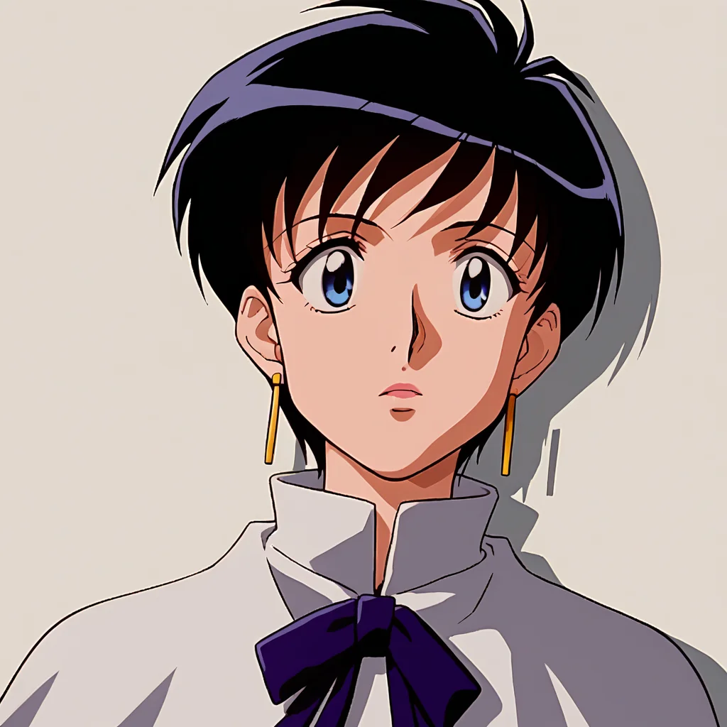score_8_up, BREAK, MerylStryfe, 1girl, solo, black hair, short hair, blue eyes, earrings, white capelet, ribbon, upper body, <lora:MerylStryfe_PXL_Leaf1:1>